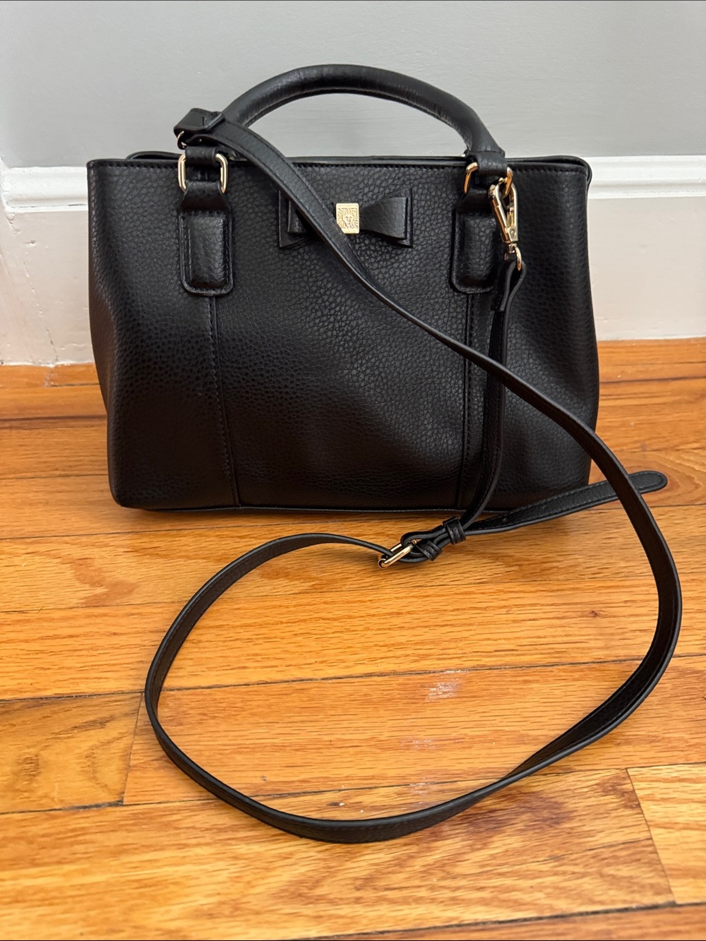 Anne Klein Black Pebbled Leather Satchel with Bow and Gold Hardware